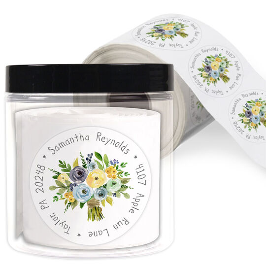 Yellow and Blue Bouquet Round Address Labels in a Jar